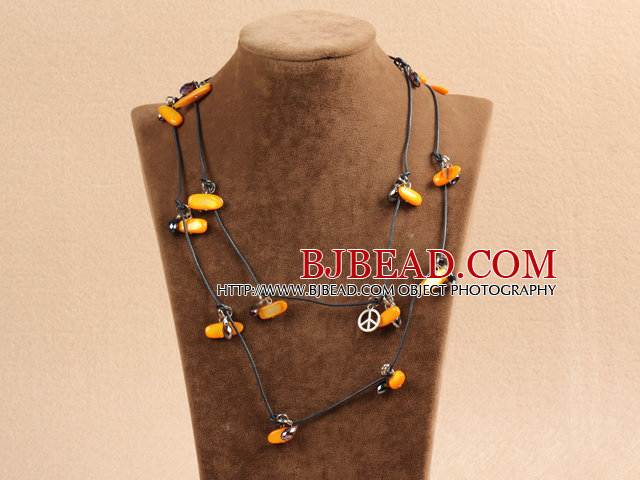 Fashion Long Style Orange Series Natural Pearl Stone Chips Necklace With Black Leather (Sweater Chain)