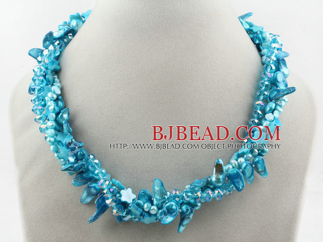 Blue Series Multi Strands Blue Freshwater Pearl Crystal and Shell Necklace