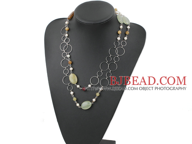 pearl and three colored jade necklace