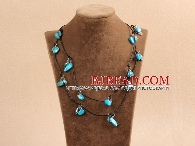 Fashion Long Style Blue Series Crystal Shell Necklace With Black Leather (Sweater Chain)