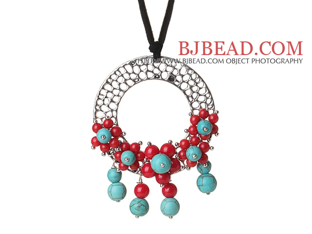 Newly Fashion Drop Long Style Red Coral and Turquoise Flower Pendant Necklace with Soft Leather