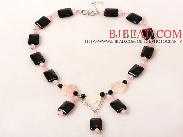 Rectangle Shape Black Agate and Rose Quartz Necklace