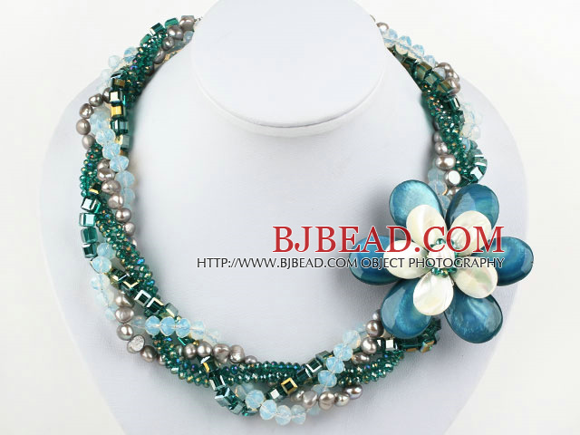 Multi Strands Peacock Color Pearl Crystal and Shell Flower Party Necklace