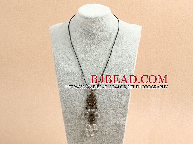 Simple Retro Style Heart Shape Clear Crystal Pendant Necklace With Black Leather