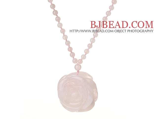 Beautiful Summer Long Style Round Rose Quartz Beaded Necklace with Flower Shape Rose Quarz Pendant