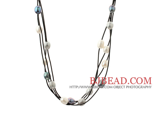 Three Strands 11-12mm White Black Gray Freshwater Pearl and Black Leather Necklace