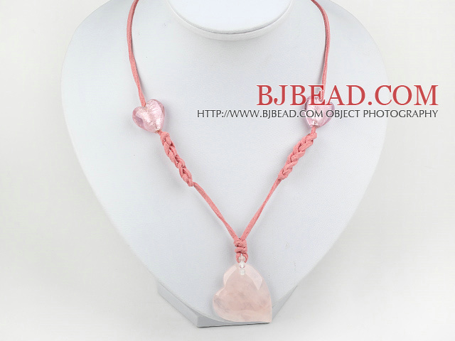 heart shape rose quartze colored glaze necklace with extendable chain