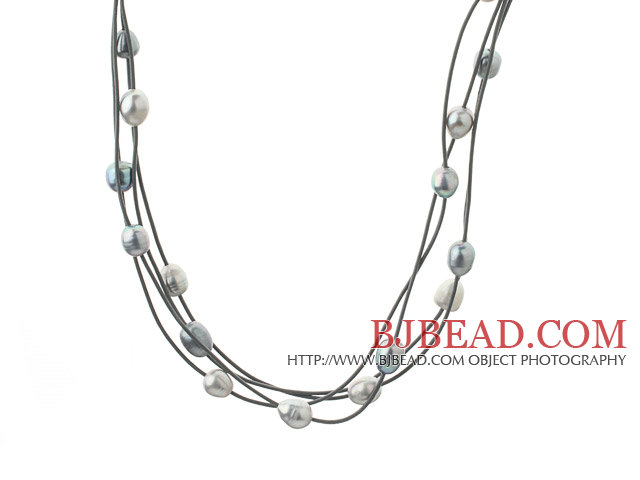 Three Strands 11-12mm Gray and Black Freshwater Pearl and Gray Leather Necklace