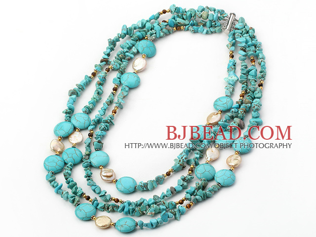pearl and turquoise multi strand necklace