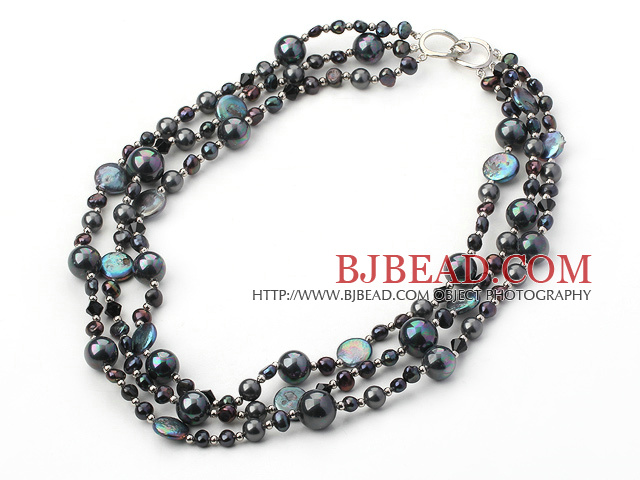 shiny 3 strand pearl and shell necklace