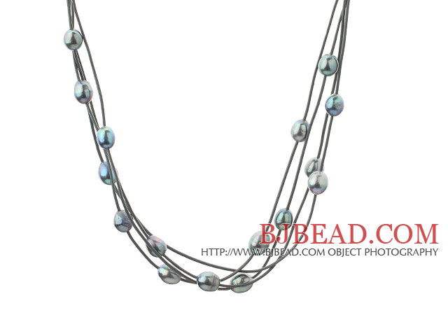 Three Strands 11-12mm Black Freshwater Pearl and Black Leather Necklace