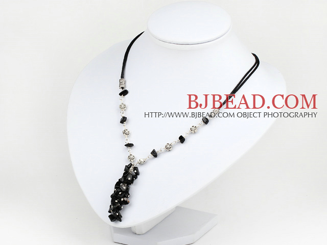 black agate chips necklace with extendable chain