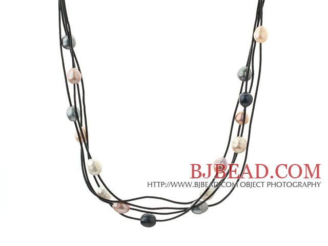 Three Strands 11-12mm Multi Color Freshwater Pearl and Black Leather Necklace