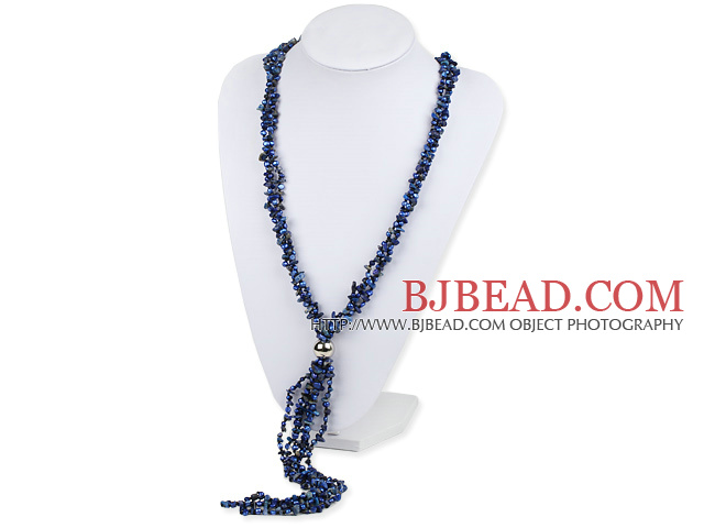 3 Strand Lapis Chips and Pearl Y Shape tassel necklace