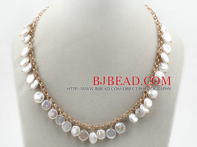 White Coin Pearl Necklace with Yellow Chain