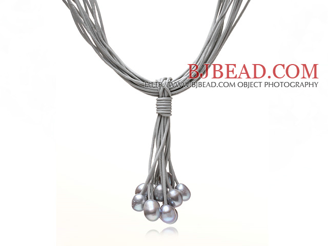 Multi Strands 11-12mm Gray Freshwater Pearl Leather Necklace with Magnetic Clasp and Gray Leather