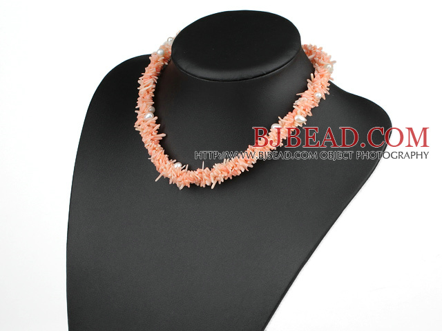 18.5 inches 3 strand white pearl and pink coral necklace with moonlight clasp