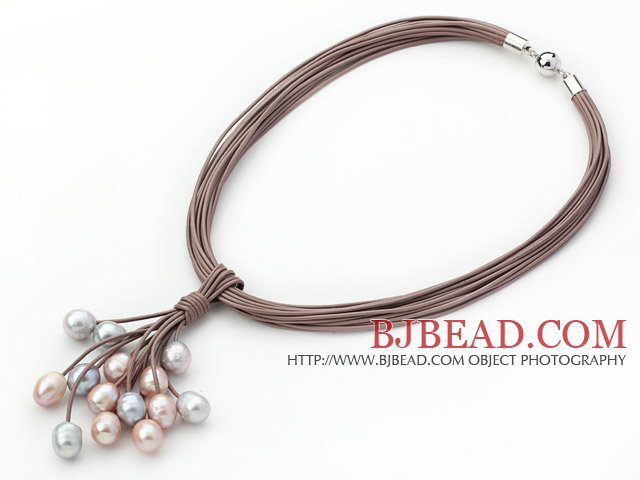 Multi Strands 11-12mm Gray and Pink Freshwater Pearl Leather Necklace with Magnetic Clasp and Brown Leather
