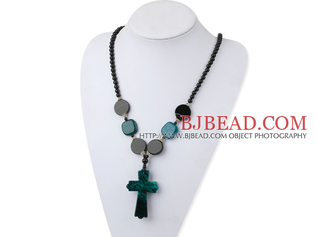 black pearl phoenix stone necklace with cross pendant