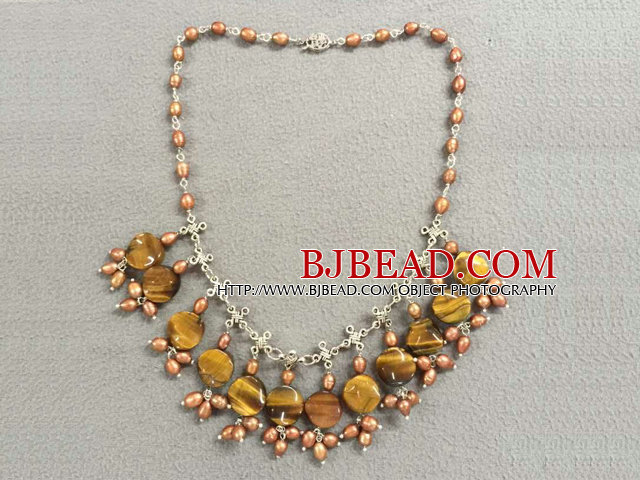 Popular New Design Brown Series Natural Pearl Flat Round Tiger Eye Stone Bib Necklace With Small Alloyed Chinese Knot