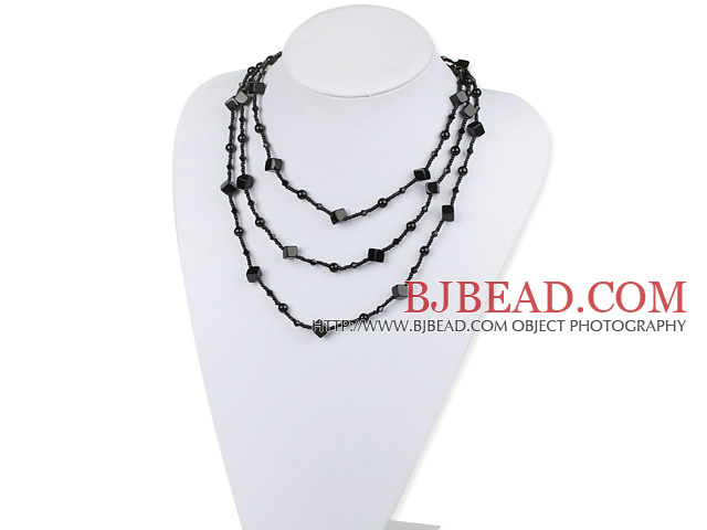fashion long style multi strand black agate and crystal necklace