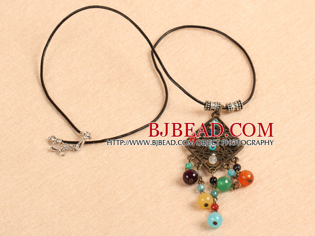 Simple Retro Style Multi Color Agate Beads Tassel Pendant Necklace With Black Leather