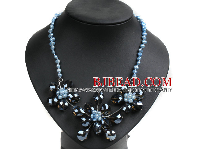 Gorgeous Party Style Natural Bllue Freshwater Pearl Brown Crystal Flower Bib Necklace