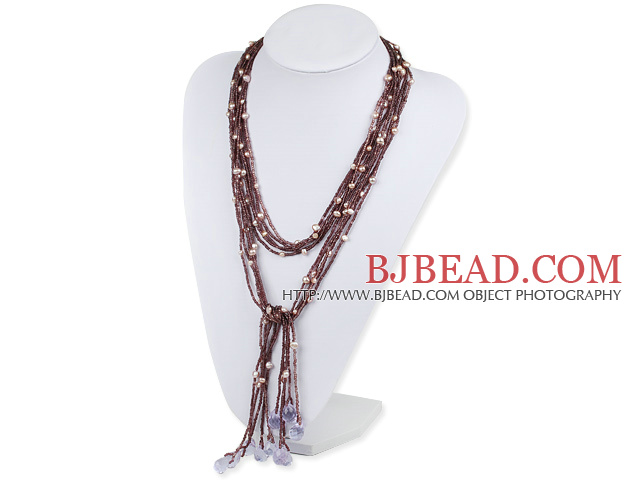Purple Crystal and Pearl Knot tassel Necklace