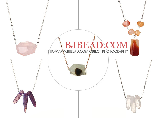 5 pcs Simple Design Agate and Crystal Pendant Necklace with Alloyed Thin Chain (random shape for stones)