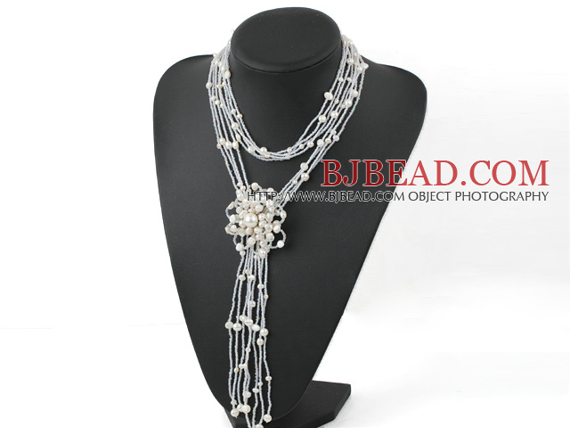 White Freshwater Pearl Knot tassel Necklace