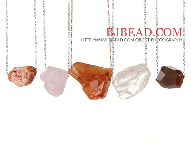 5 pcs Simple Design Irregualr Shape Agate and Crystal Necklace with Alloyed Thin Chain (random shape for stones)
