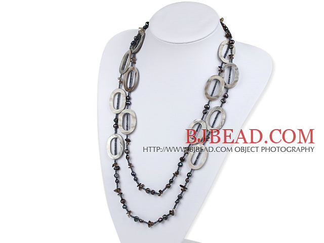 fashion long style black pearl and smoky quartze necklace
