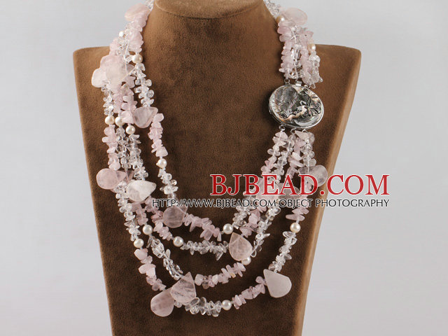 multi strand white pearl and rose quartze necklace with abalone clasp