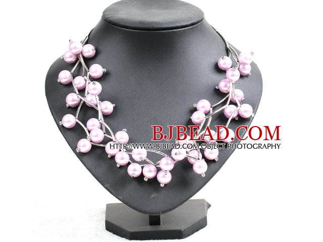 Trendy Style Multi Strand Light Pink Seashell Beads Twisted Necklace With Bending Alloyed Tube