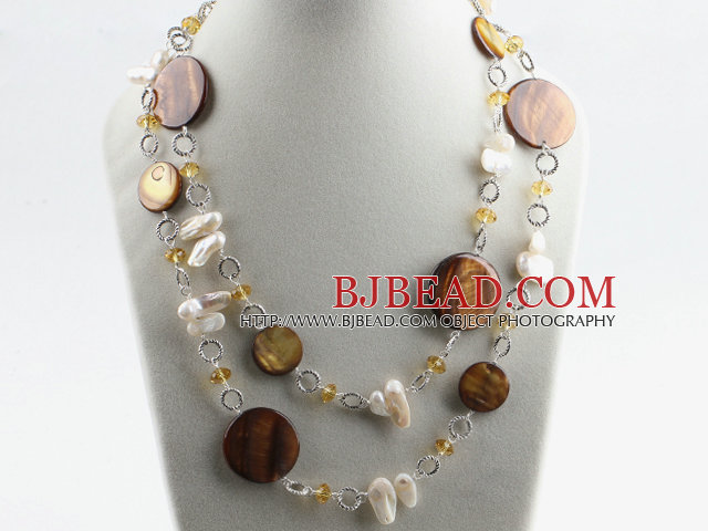 43.3 inches long style white teeth pearl shell and crystal necklace