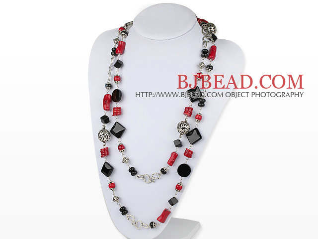 55.1 inches long style red coral black agate necklace