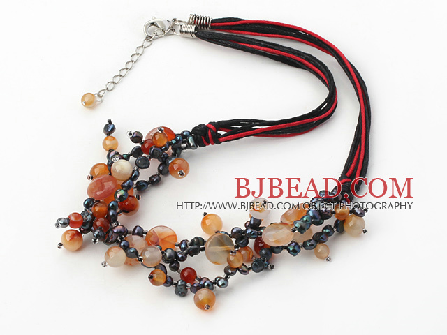 black pearl and agate necklace with extendable chain