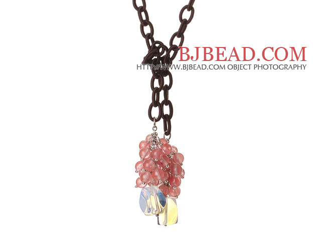 New Long Style Assorted Cherry Quartz Beads Necklace with Opal and Leather Chain