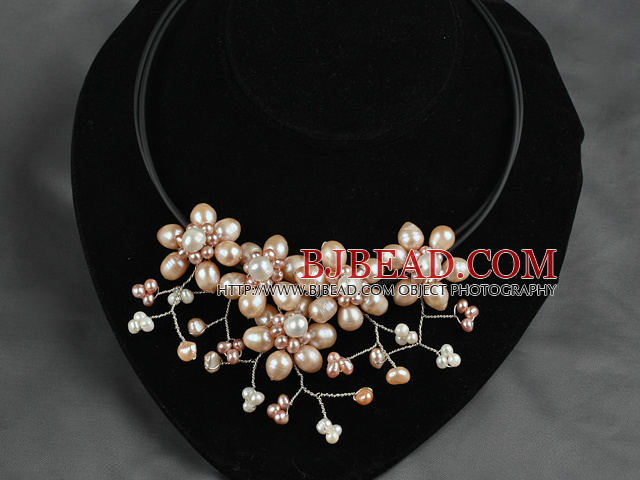 Natural Pink Freshwater Pearl Flower Necklace with Leather Cord