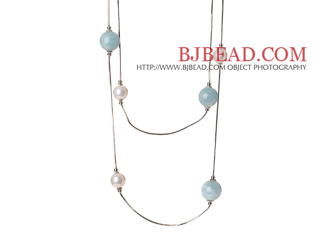 Elegant Long Style Round White Seashell and Aquamarine Beads Necklace