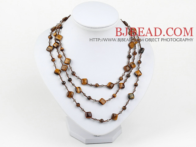 fashion long style jewelry  crystal and tiger eye stone necklace