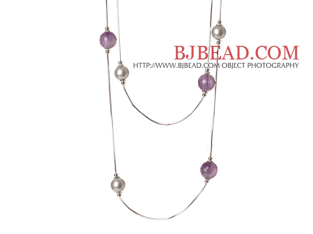 Elegant Long Style Round Grey Seashell and Faceted Amethyst Beads Necklace