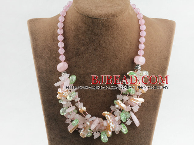 gorgeous Biwa pearl crystal and rose quartze necklace