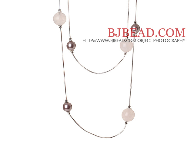 Elegant Long Style Round Purple Seashell and Rose Quartz Beads Necklace