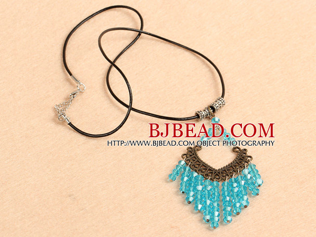 Simple Retro Style Chandelier Shape Sky Blue Crystal Tassel Pendant Necklace With Black Leather