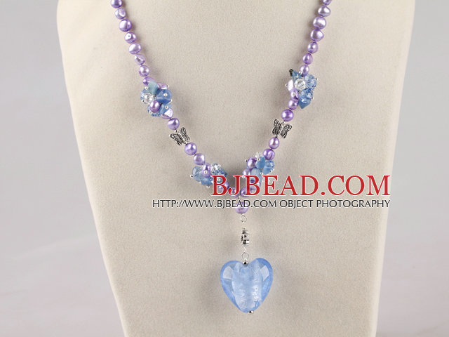 fancy lavender pearl crystal and heart colored glaze necklace