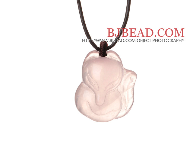 Cute Simple Design Fox Rose Quartz Pendant Necklace with Dark Brown Leather
