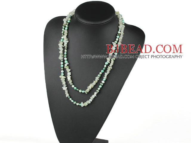Assorted Green Freshwater Pearl and Serpentine Jade Long Style Necklace