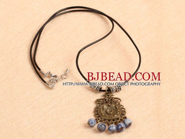 Simple Retro Style Round Blue Spot Stone Beads Pendant Necklace With Black Leather