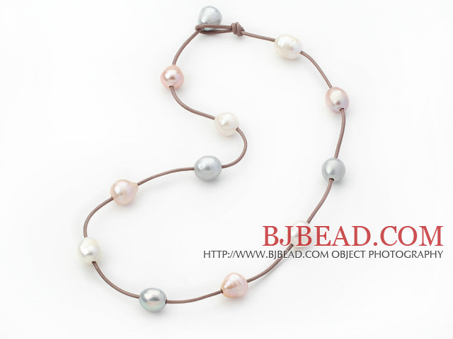 Single Strand 11-12mm White Gray and Pink Freshwater Pearl Necklace with Brown Leather